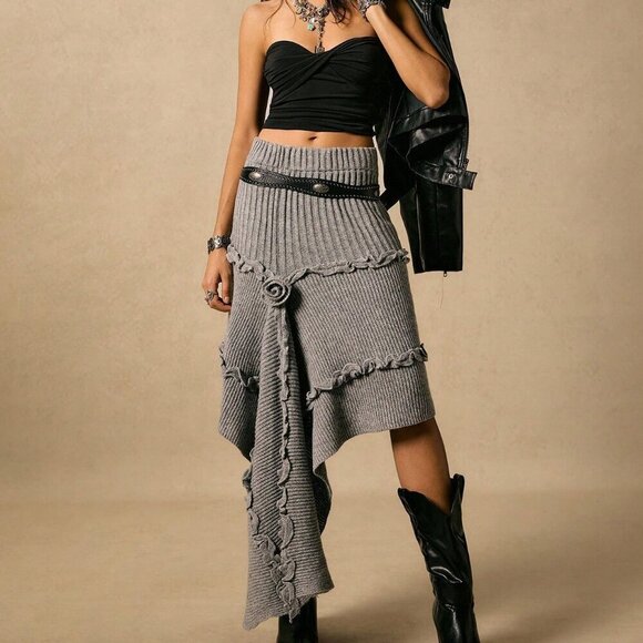 Dark Grey Casual Womens rose detailed knit skirt - Picture 5 of 8